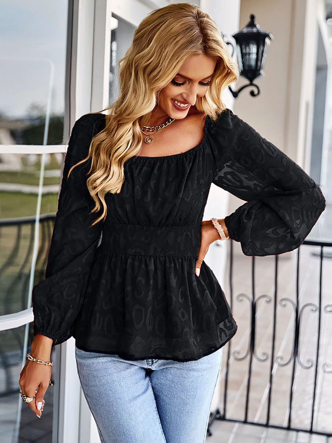 StyleCast Women Casual Square Neck Long Sleeve Top