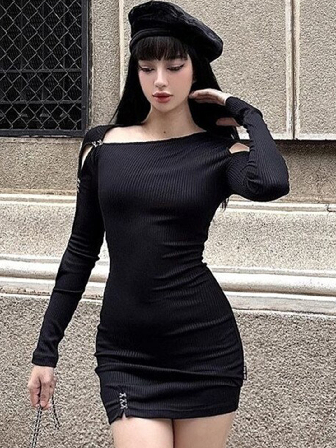 StyleCast Black Ribbed Asymmetric Neck Bodycon Mini Dress
