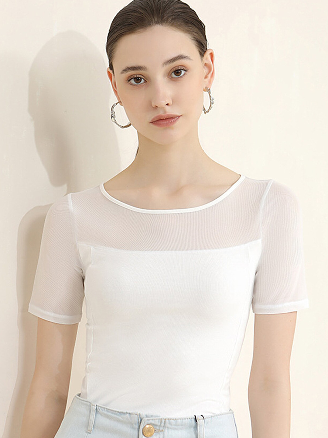 LULU & SKY Round Neck Mesh Splicing Fitted Top