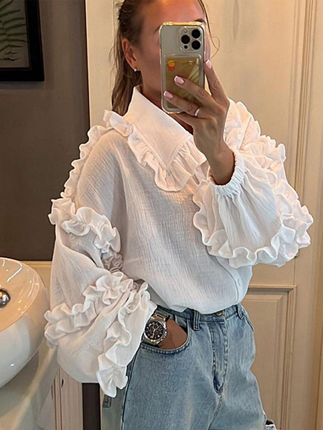 LULU & SKY White Ruffled Shirt Collar Top