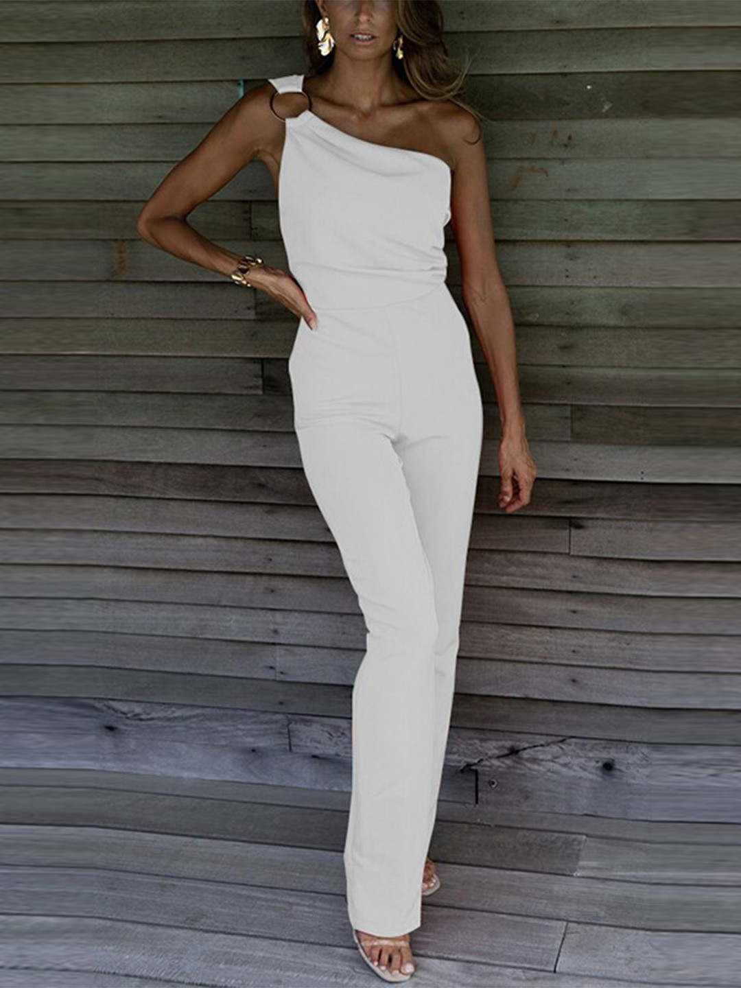 StyleCast White One Shoulder Basic Jumpsuit