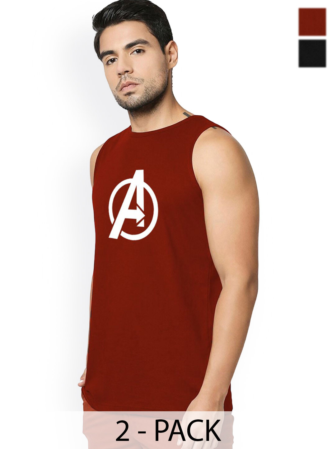 Organic Chics Pack Of 2 Printed Cotton Basic Vests MaroonAvenger-BlackBatman_S