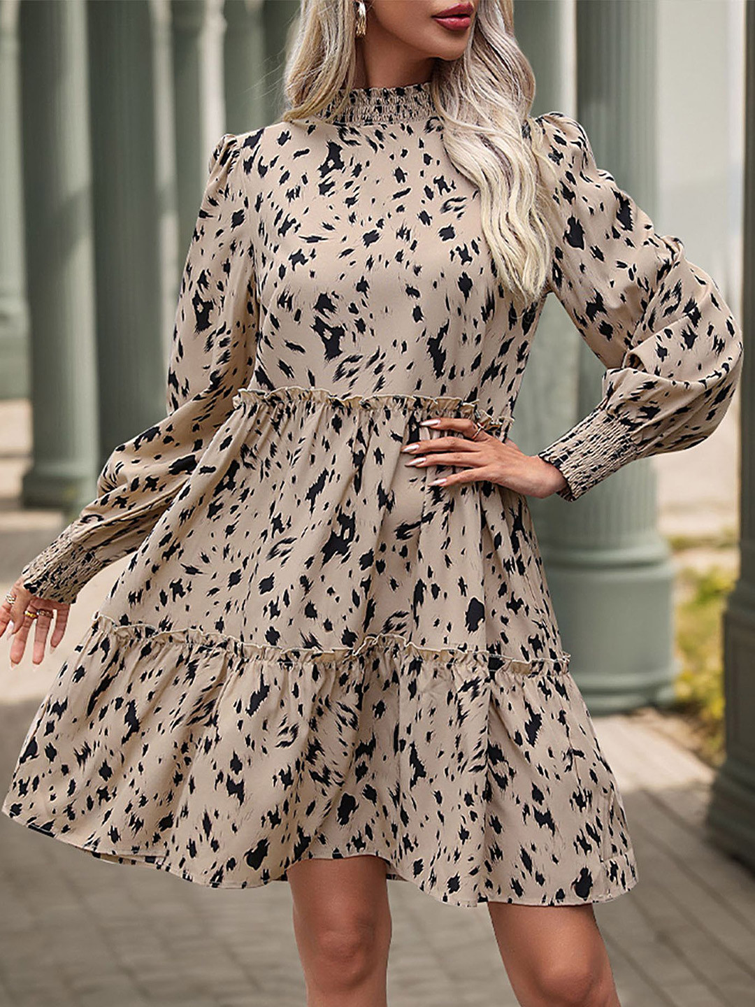 LULU & SKY Khaki Animal Print Fit & Flare Knee Length Dress