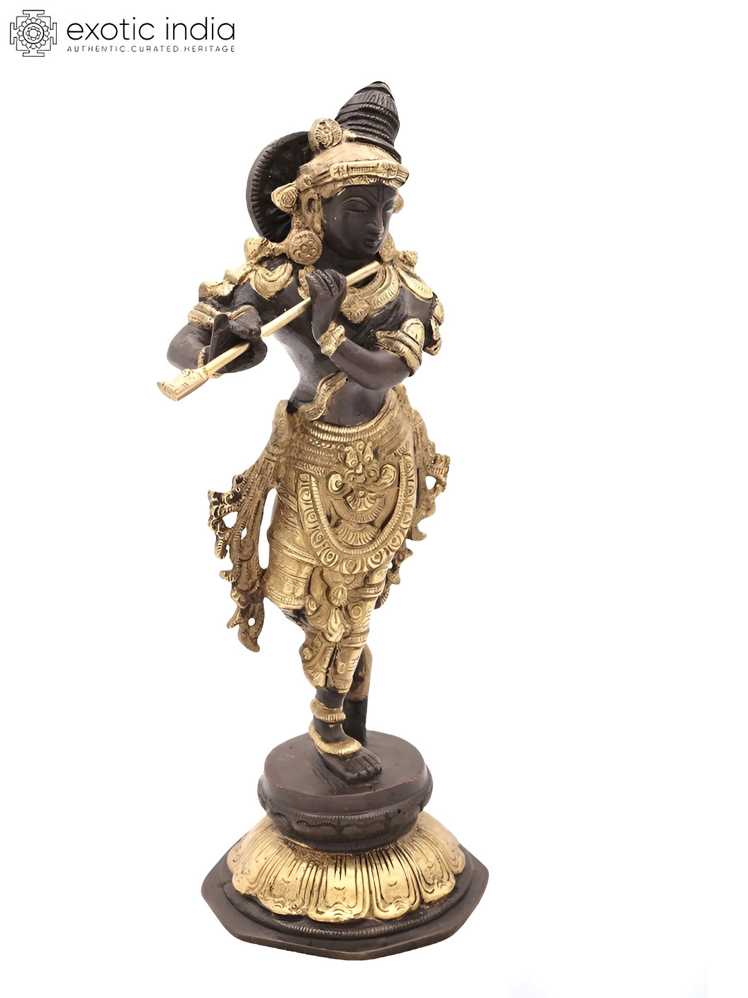Exotic India Lord Krishna Playing on Flute Brown Brass Metallic Prayer Room Hand Made Medium Showpiece - 3.3 Inches