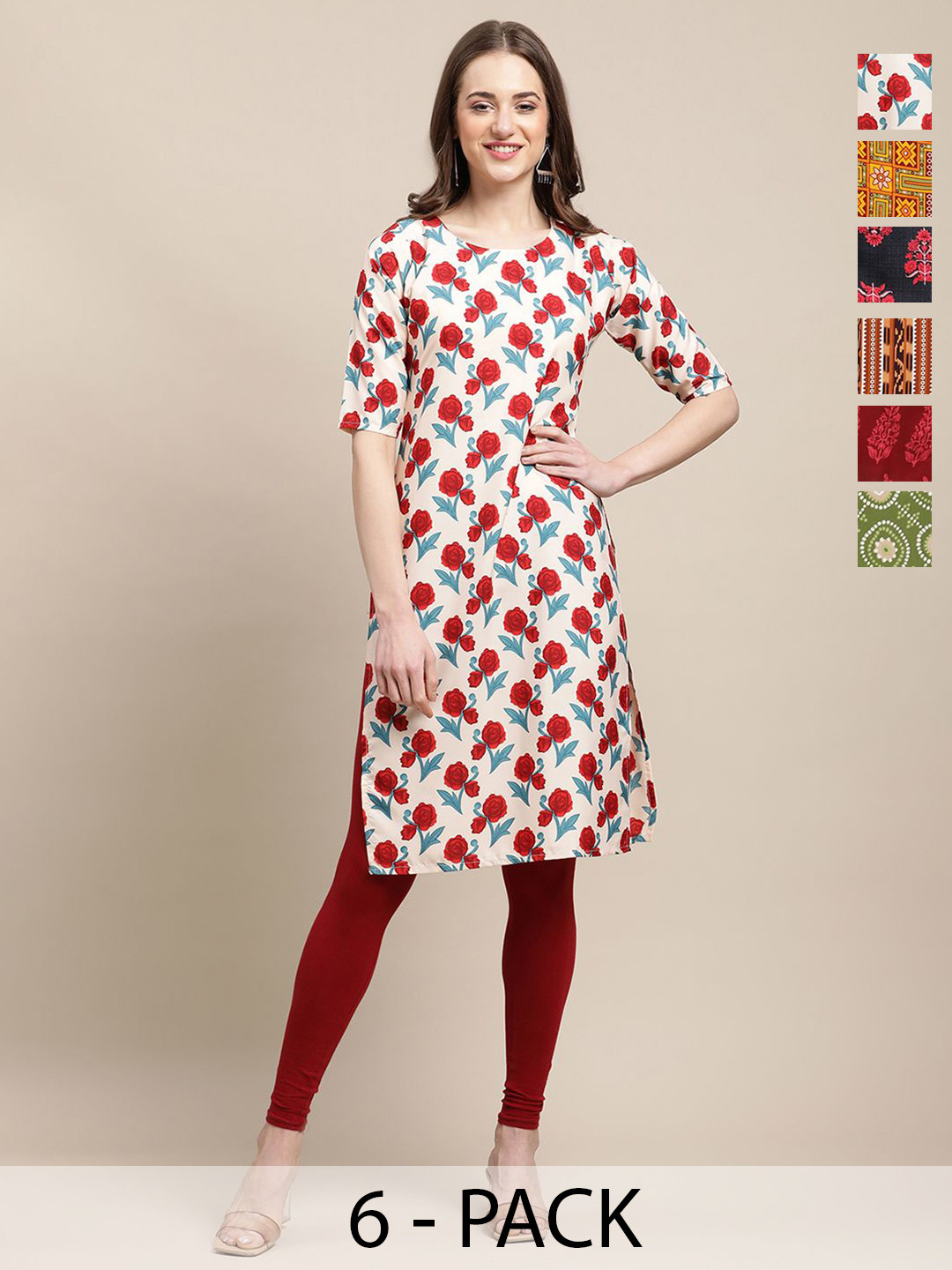 7Threads Pak Of 6 Women Printed Crepe Kurta