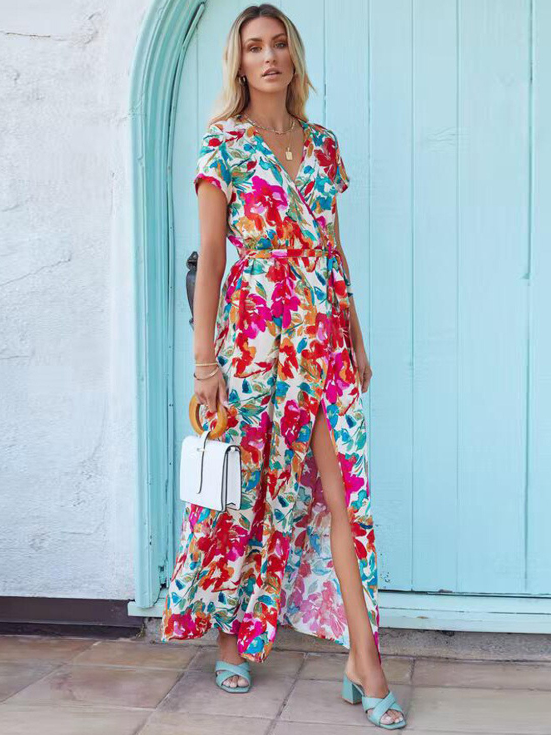 StyleCast White Floral Printed V-Neck Wrap Maxi Dress