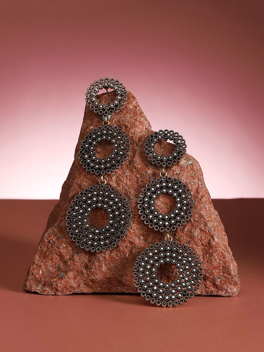 DressBerry Gold-Plated Artificial Stones Studded Circular Long Drop Earrings