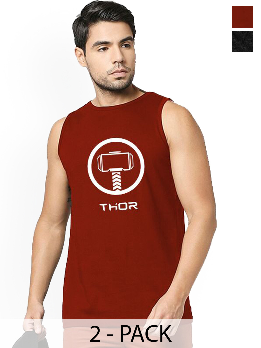 Organic Chics Pack Of 2 Avengers Printed Cotton Vests Black Avenger-Maroon Thor_S