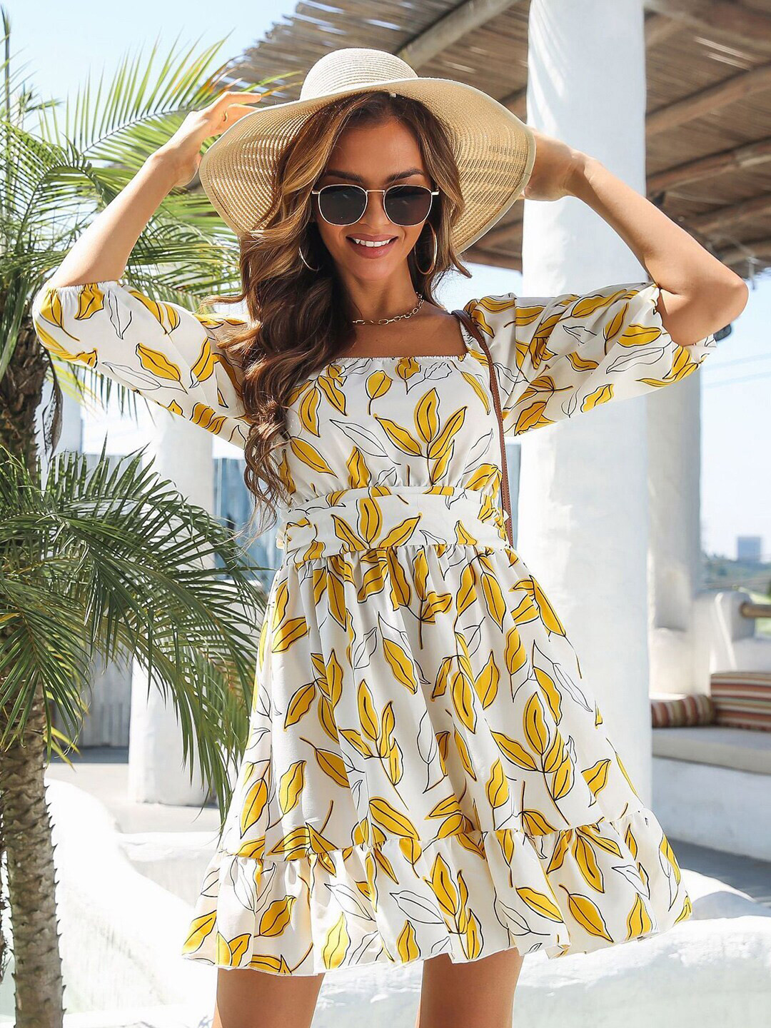 StyleCast x Revolte Yellow Tropical Print Fit & Flare Dress