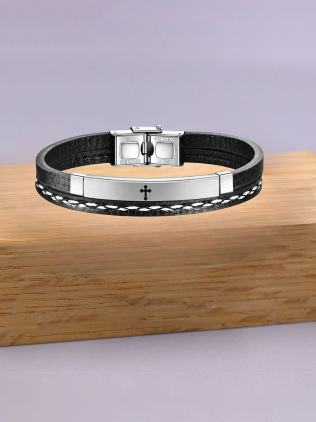 M Men Style Men Stainless Steel Silver-Plated Islamic Allah Leather Wraparound Bracelet