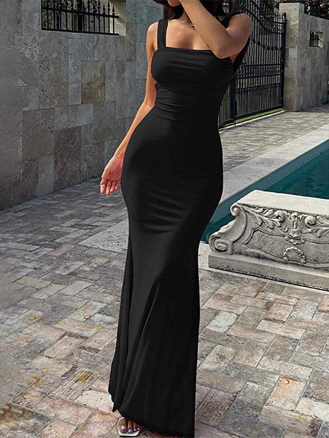 LULU & SKY Backless Lace Up Fishtail Maxi Dress