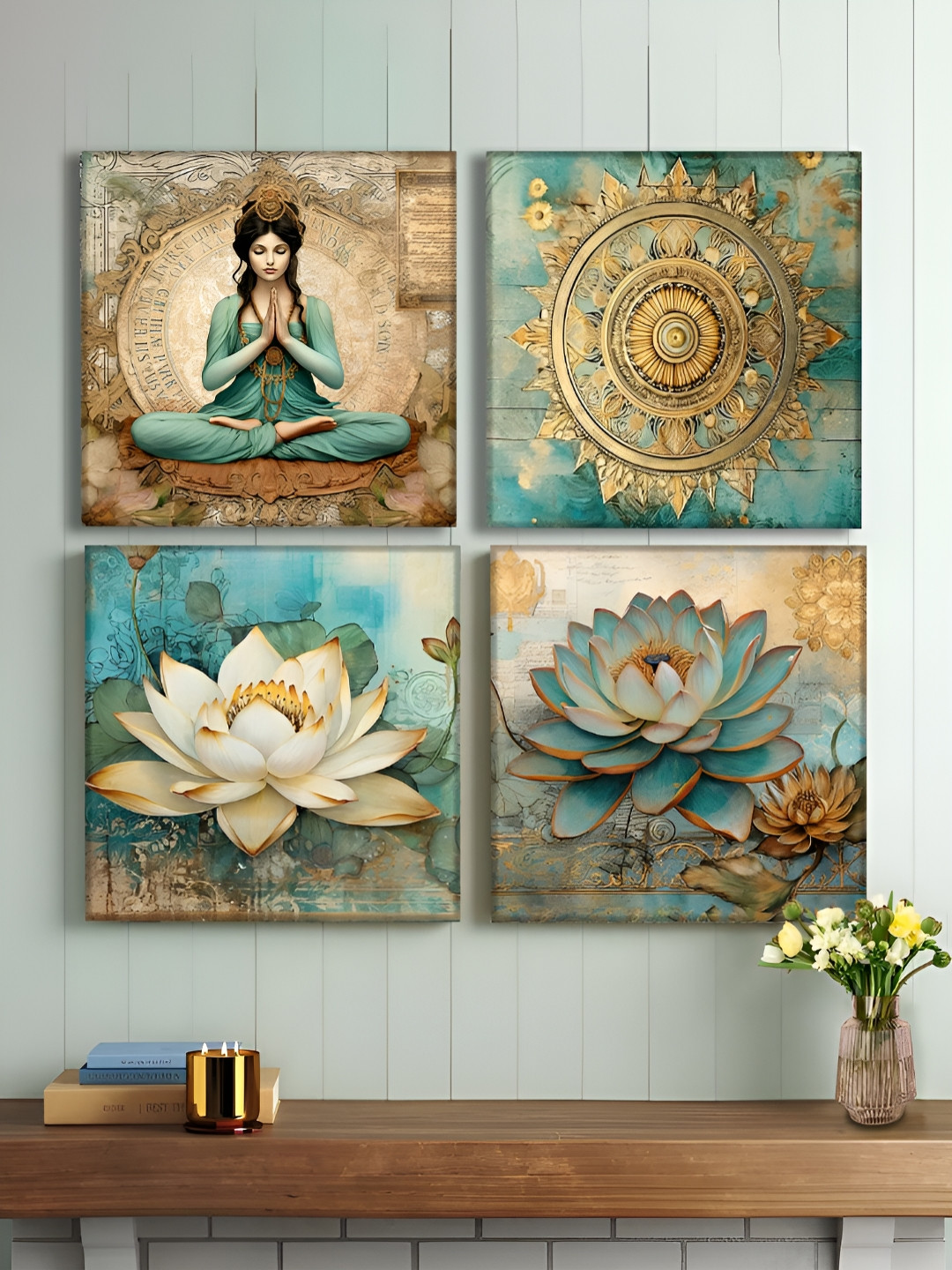 Art Street Turquoise Blue & Beige 4 Piece Floral And Botanical Canvas Wall Art