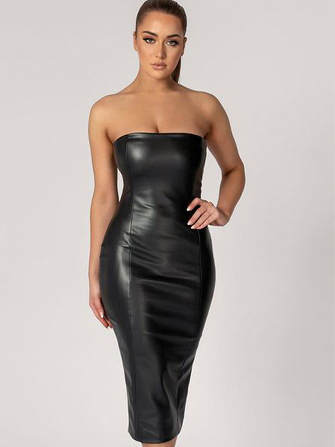 LULU & SKY Off-Shoulder PU Coated Gathered Bodycon Mini Dress