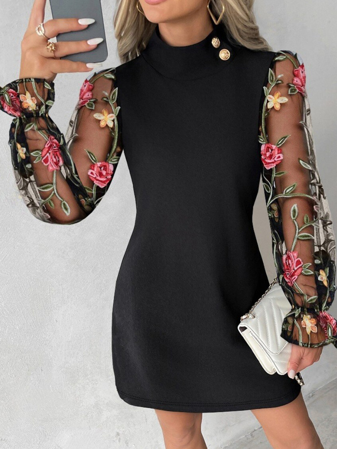StyleCast Black Floral Print Puffed Sleeve A-Line Dress