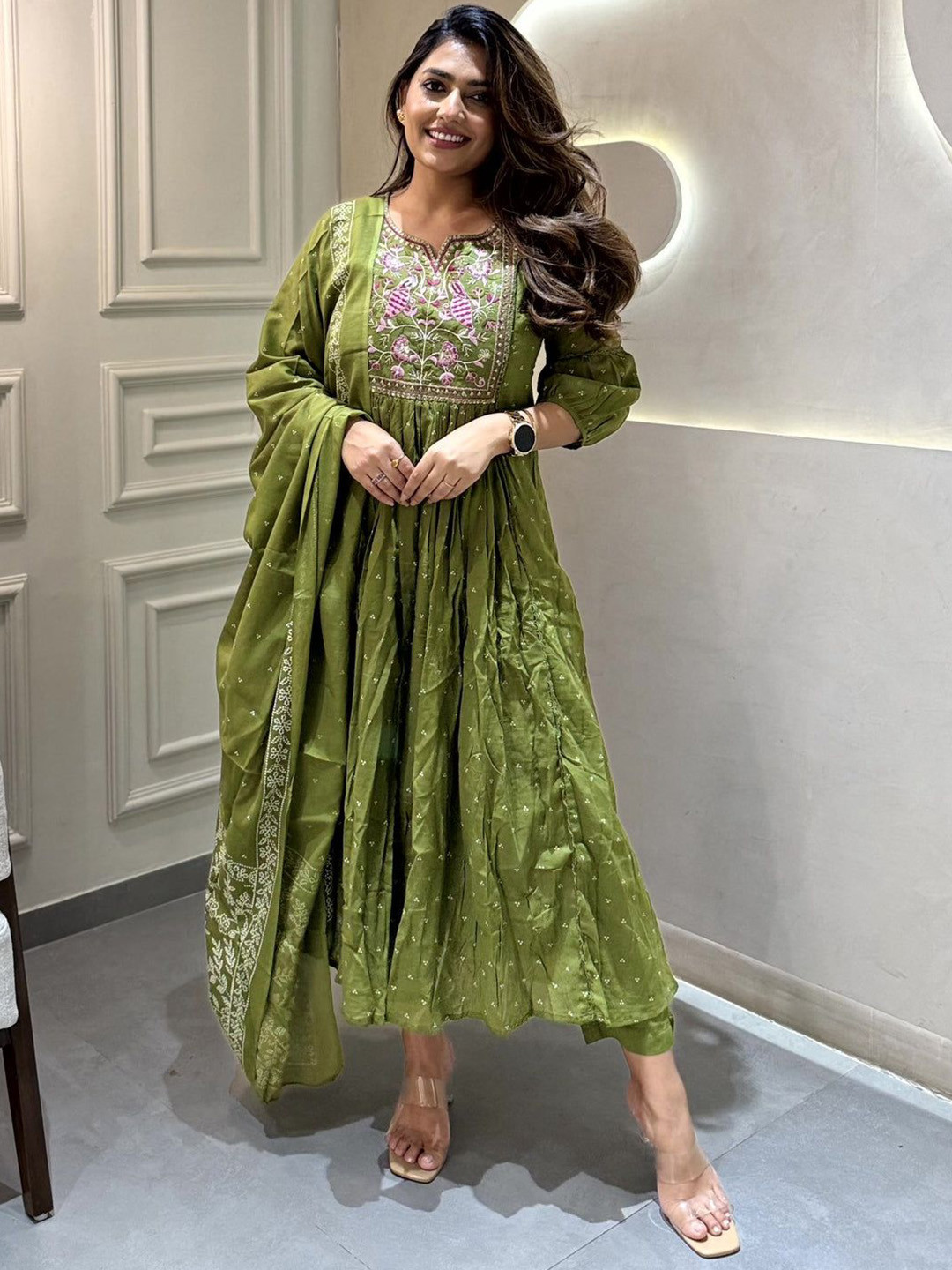 THE52 Women Floral Embroidered Pleated Pure Cotton Kurta with Trousers & With Dupatta