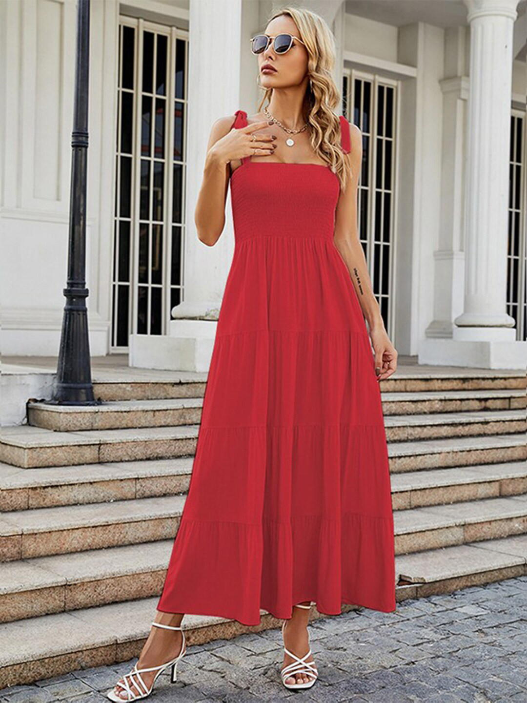 StyleCast x Revolte Red Shoulder Straps Smocked Maxi Dress
