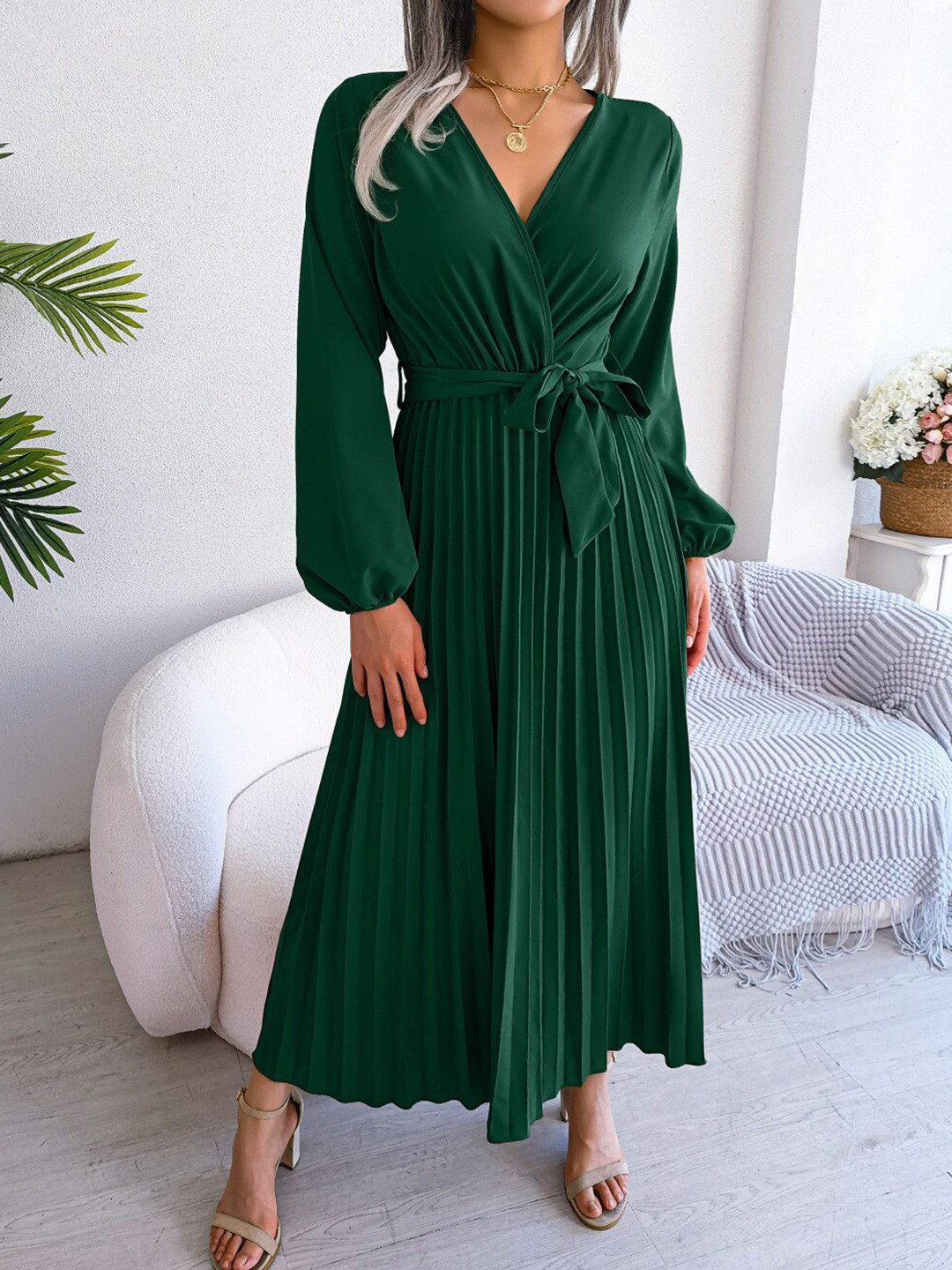 StyleCast Green V-Neck Puff Sleeves Pleated Chiffon Wrap Midi Dress