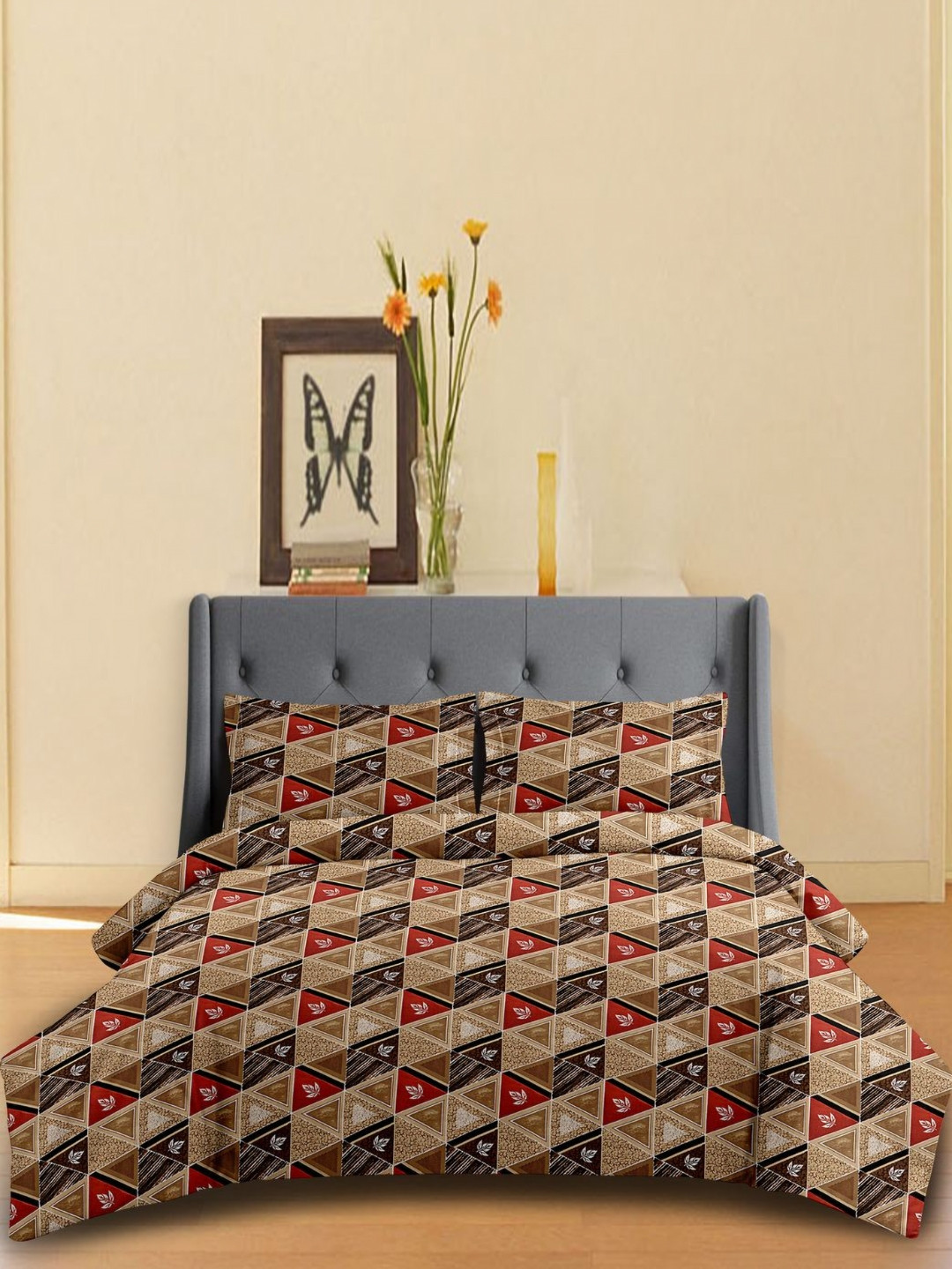 Sheer N Sheets Coffee Brown Geometric Polycotton 180 TC Queen Bedsheet with 2 Pillow Covers-90 x 100 inches