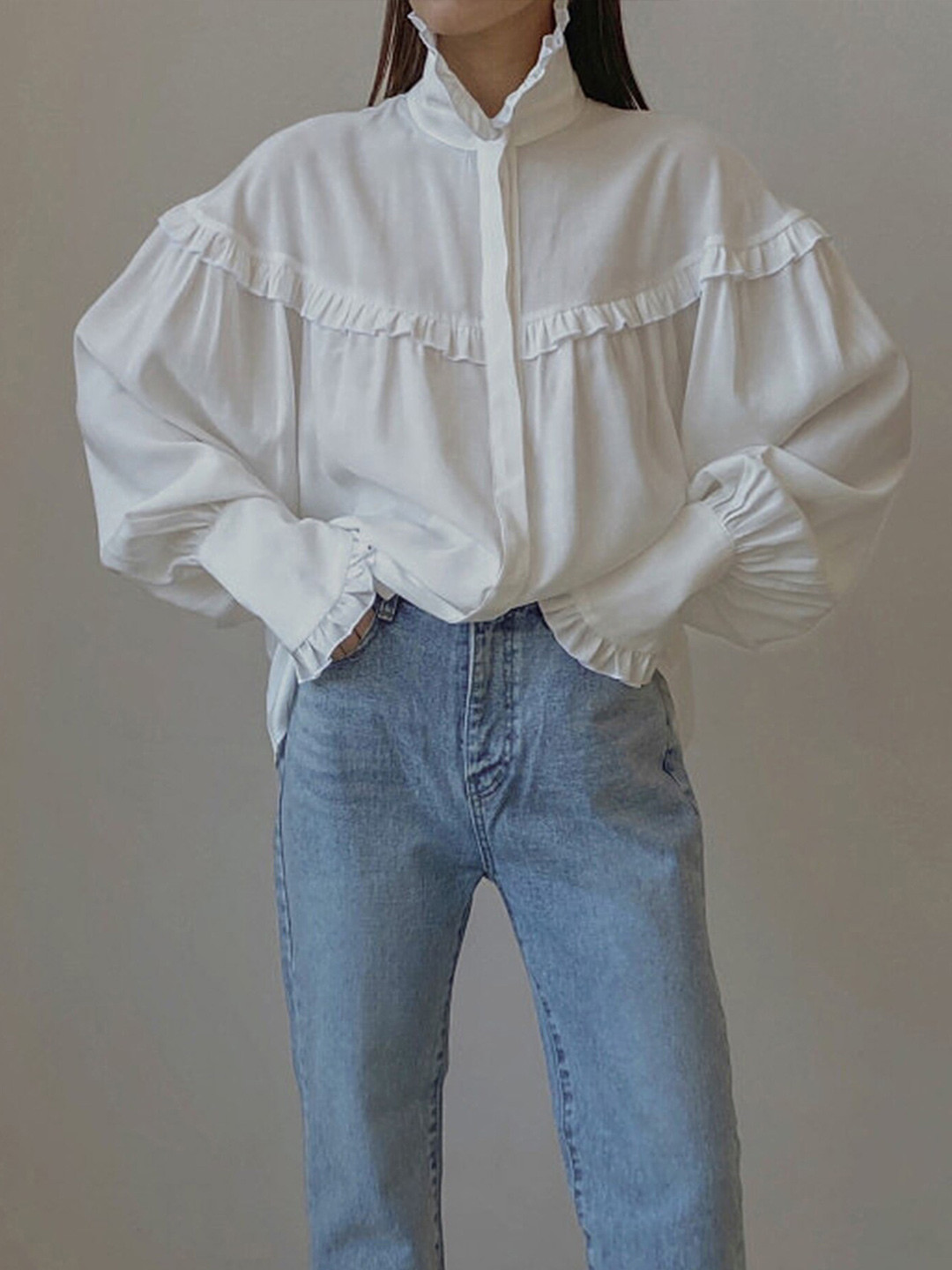 LULU & SKY High Neck Puff Sleeves Ruffles Detailed Shirt Style Top
