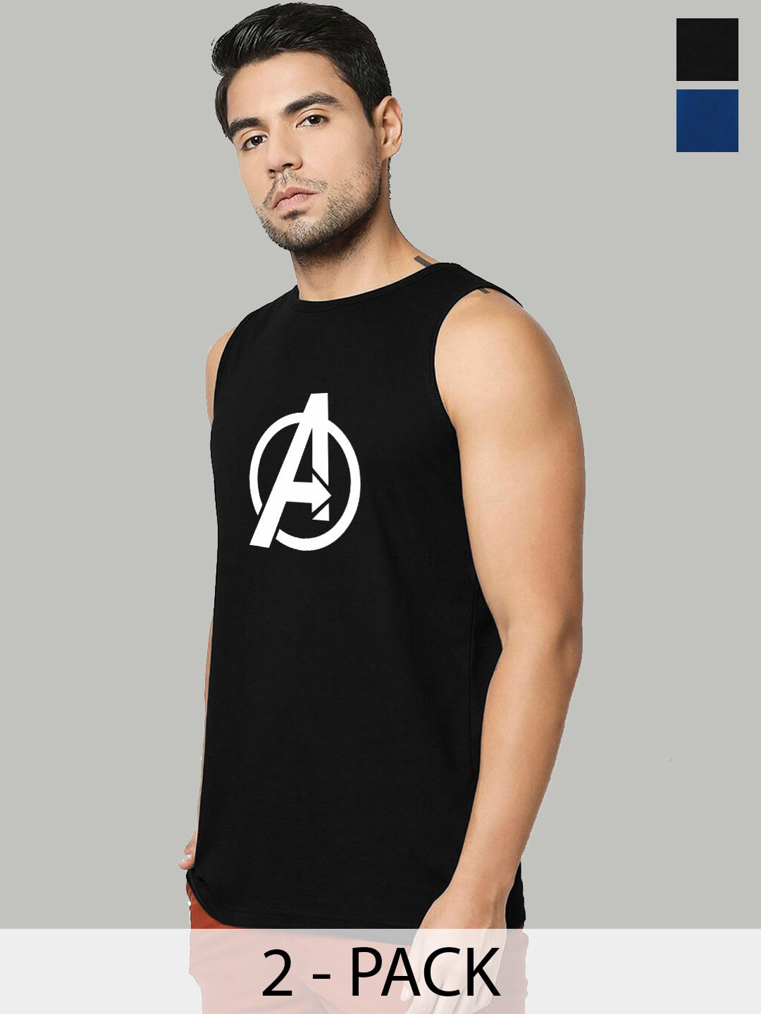 Organic Chics Pack Of 2 Avengers Printed Cotton Vests Black Avenger-Royal Superman_S