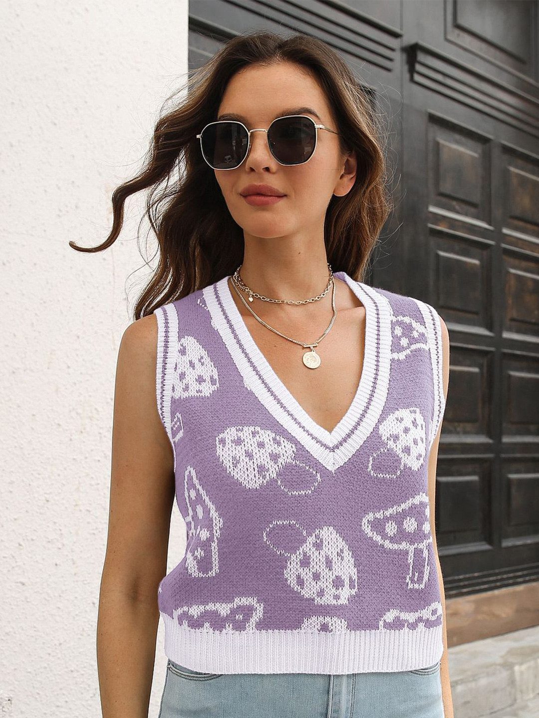 StyleCast Women Purple & White Printed Sweater Vest