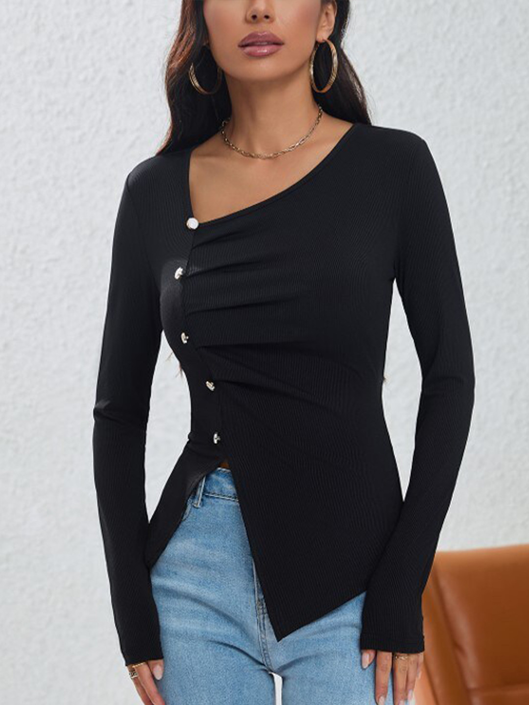 StyleCast Gathered or Pleated Self Design V-Neck High-Low Georgette Top