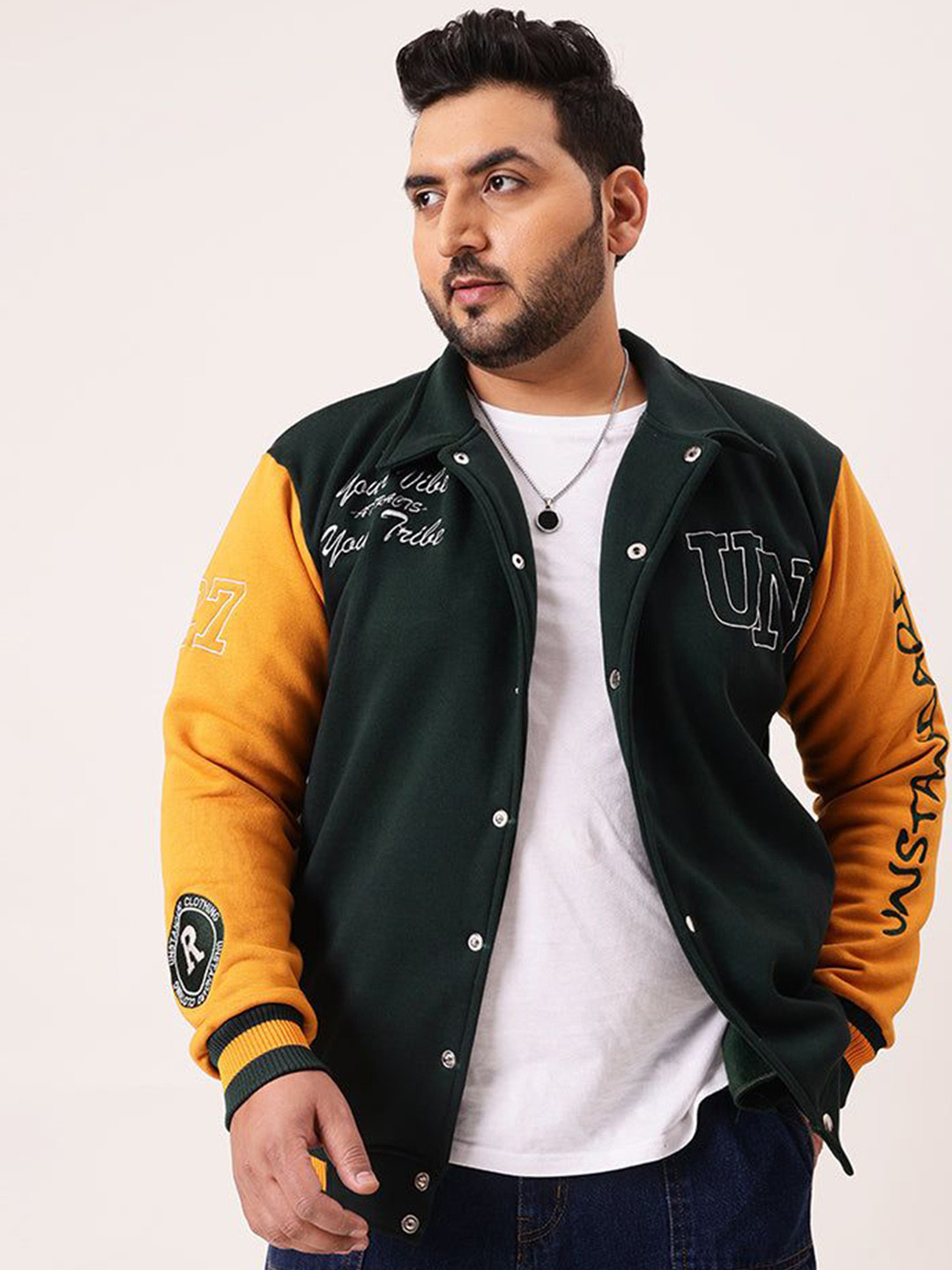 UNSTD Plus Size Typography Printed Spread Collar Varsity Jacket