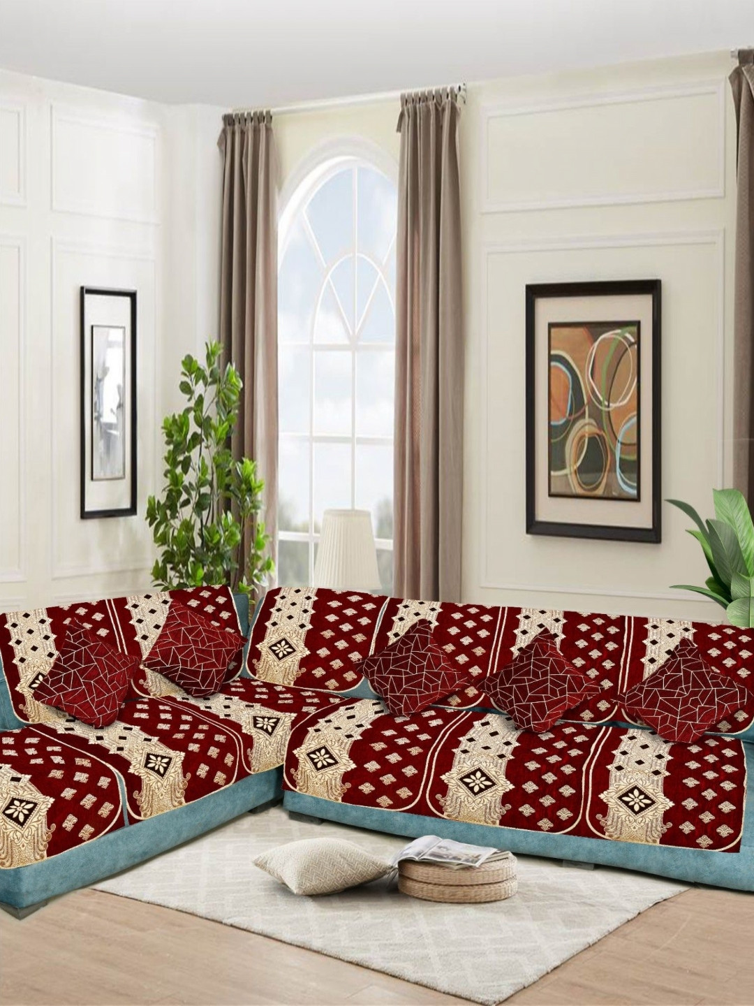 SAWNA HOMES Maroon 6 Seater Embroidered Velvet L Shape Sofa Cover With Coushion Covers