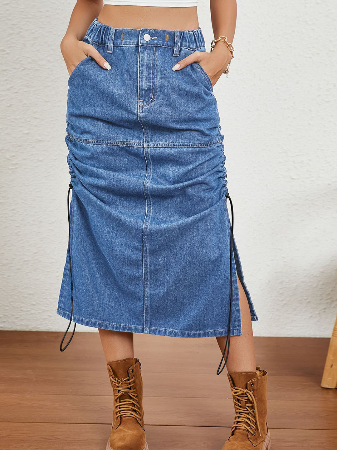 StyleCast Denim Side Slit A-Line Midi Skirt