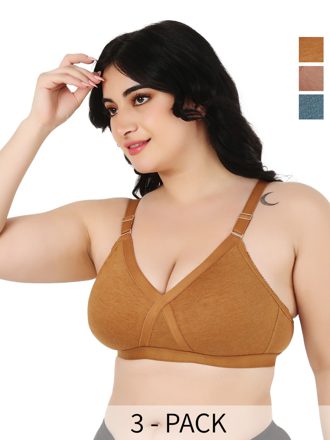 Designer Bugs Zan Women Pack of 3 Cotton Plus Size Full Coverage Non Padded T-shirt Bra