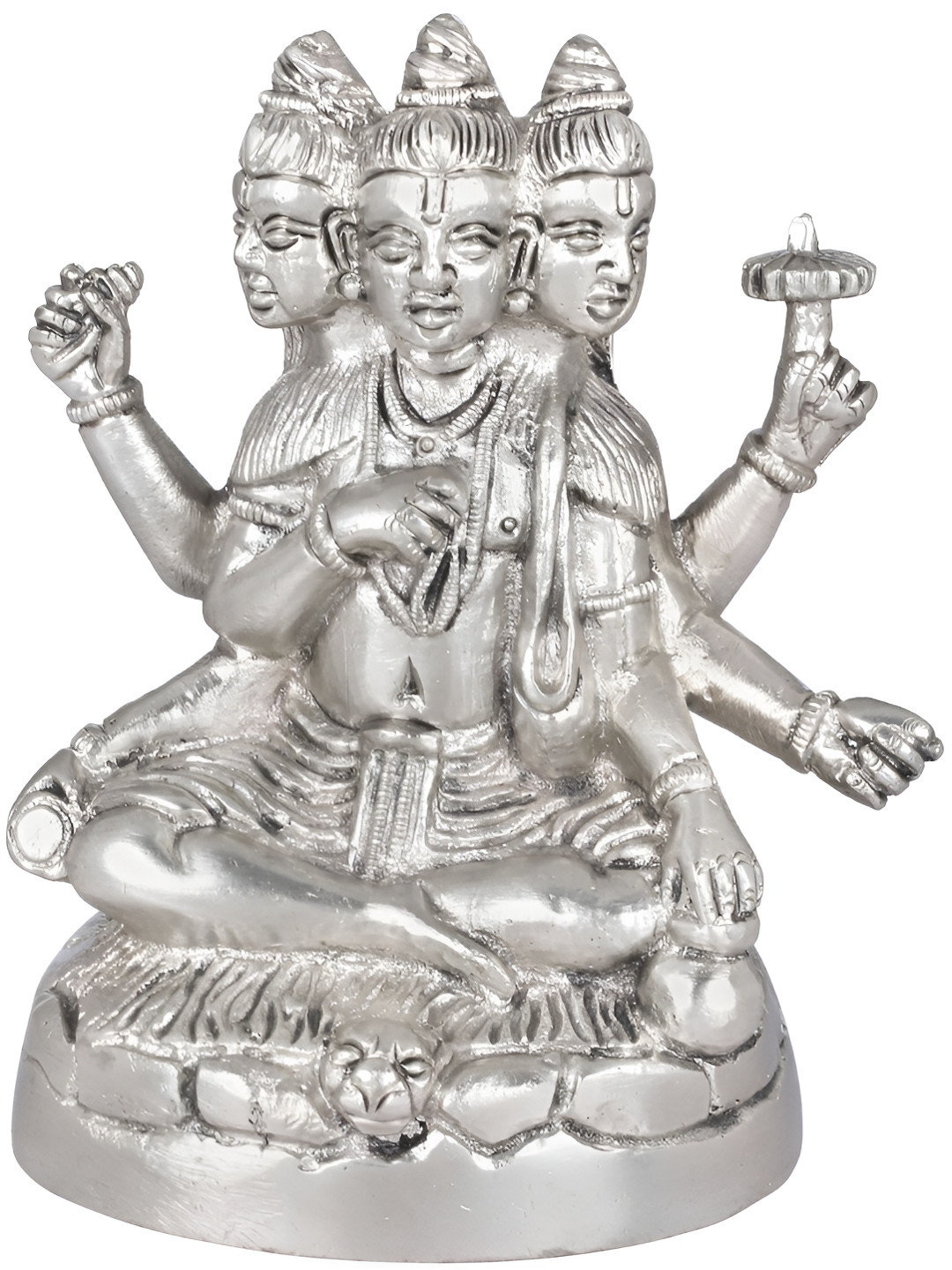 Exotic India Trimurti Grey Brass Metallic Prayer Room Hand Made Small Showpiece - 4.8 Inches