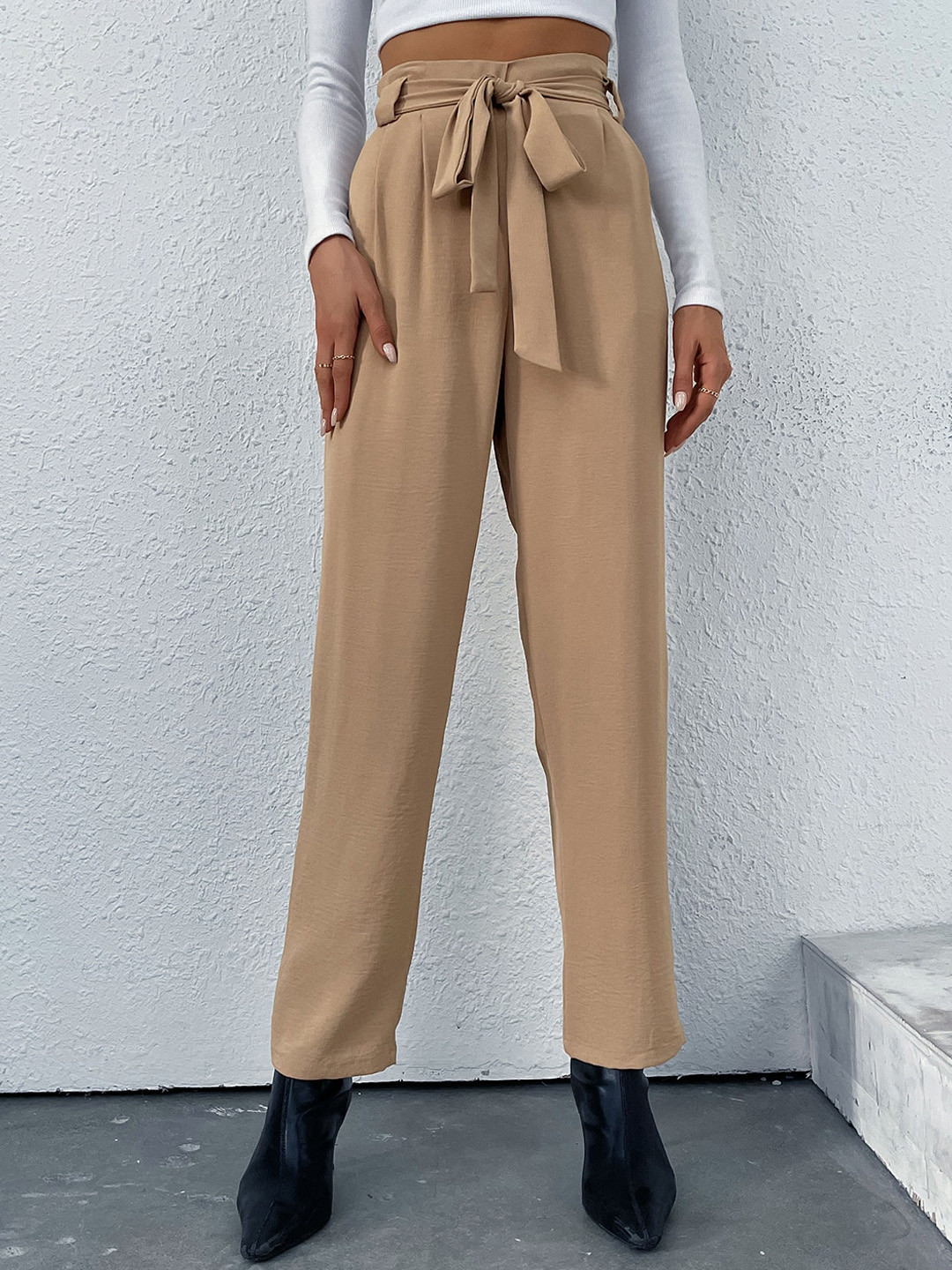StyleCast Khaki Women Smart Mid-Rise Pleated Trousers with Belt