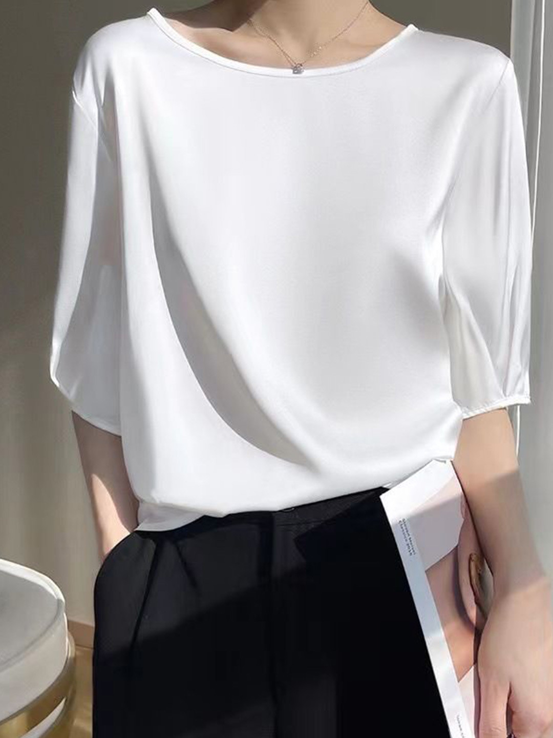 StyleCast Women Solid White Round Neck Satin Top