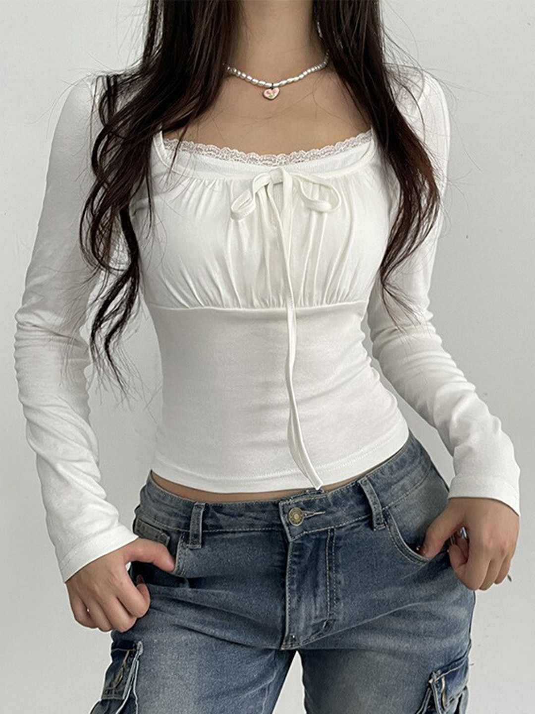 StyleCast White Gathered Long Sleeves Top