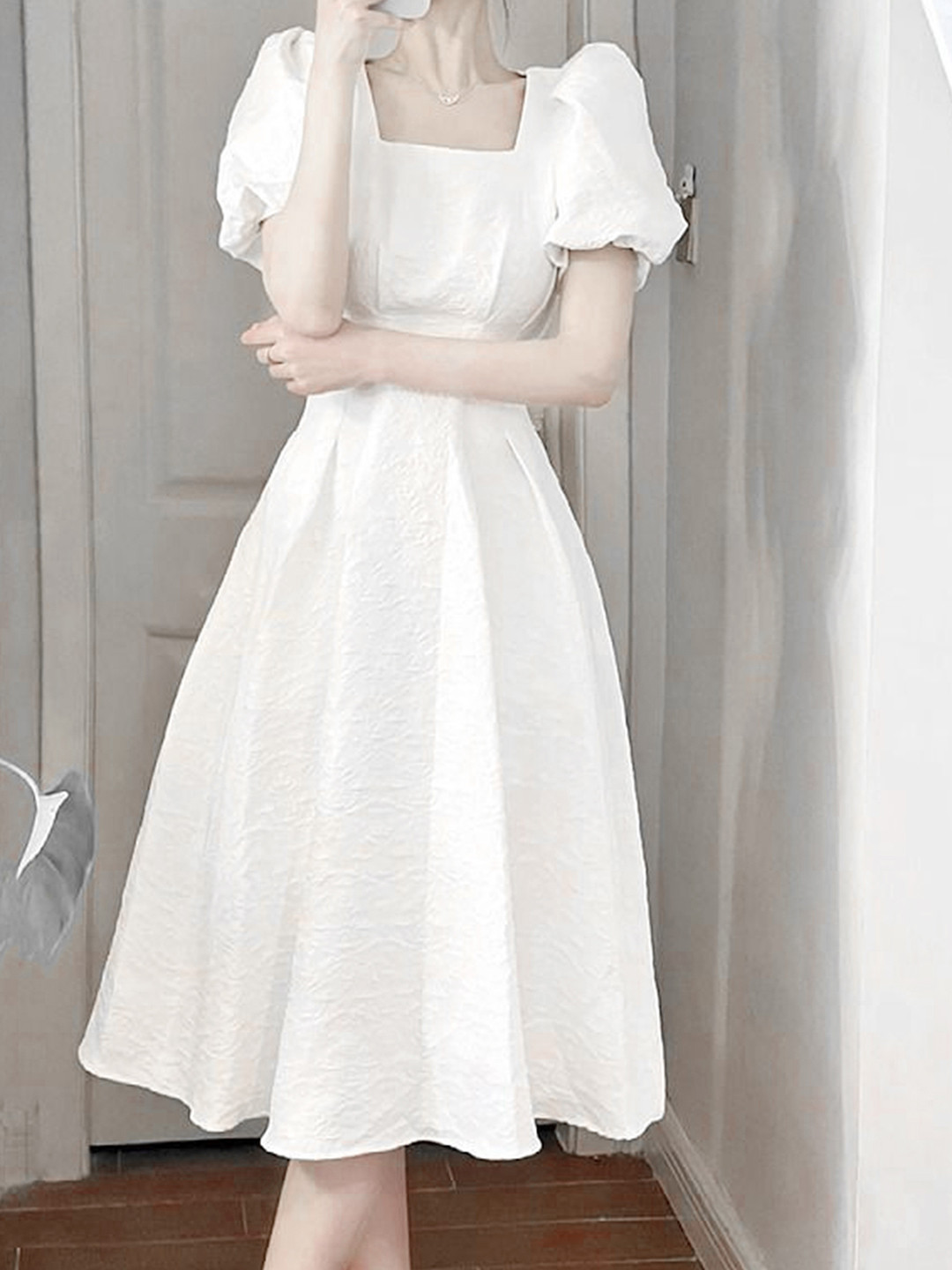 LULU & SKY White Puff Sleeves Fit & Flare Midi Party Dress