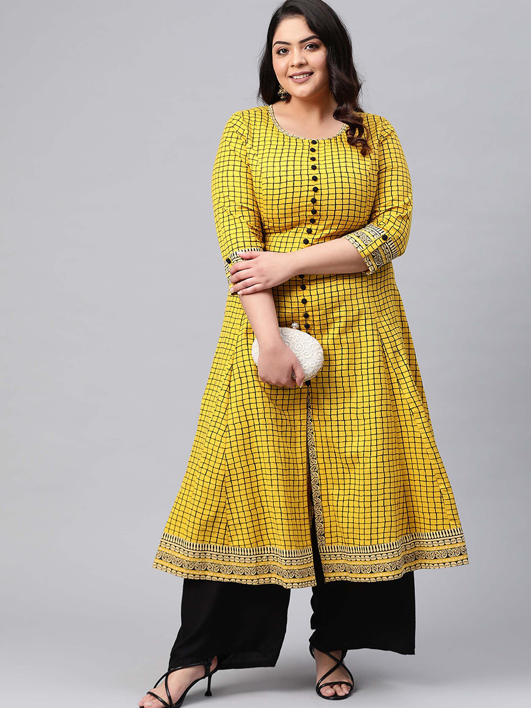 IKRASS Women Cotton Checked Front Slit Anarkali Kurta