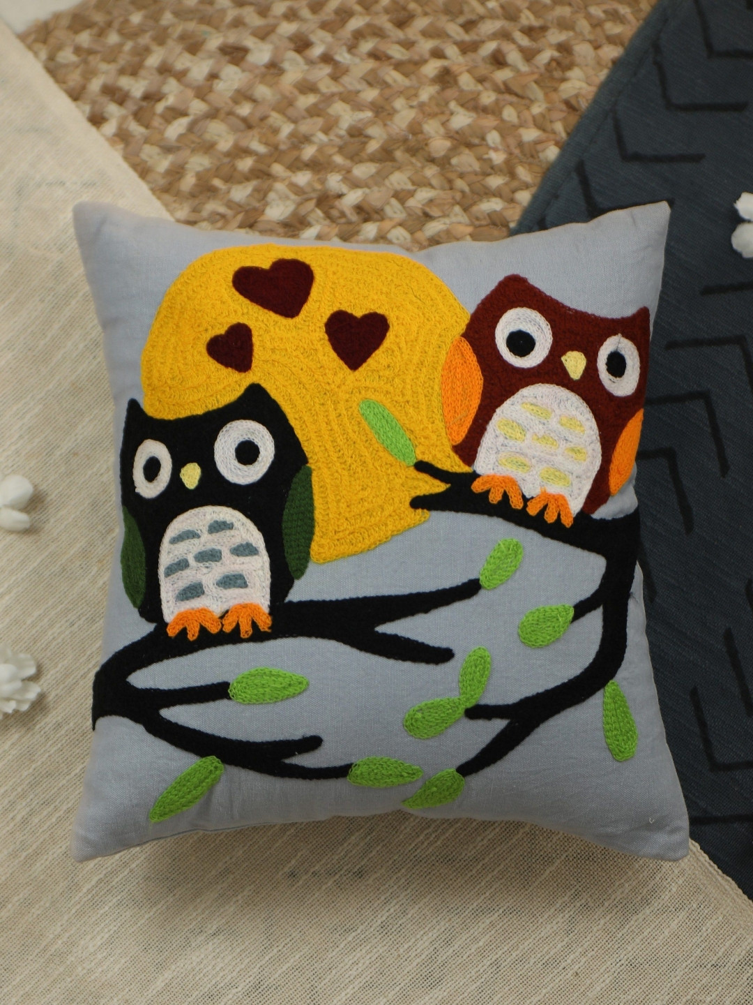 Trade Star Blue & Yellow Embroidered Square Pure Cotton Pillow Cover