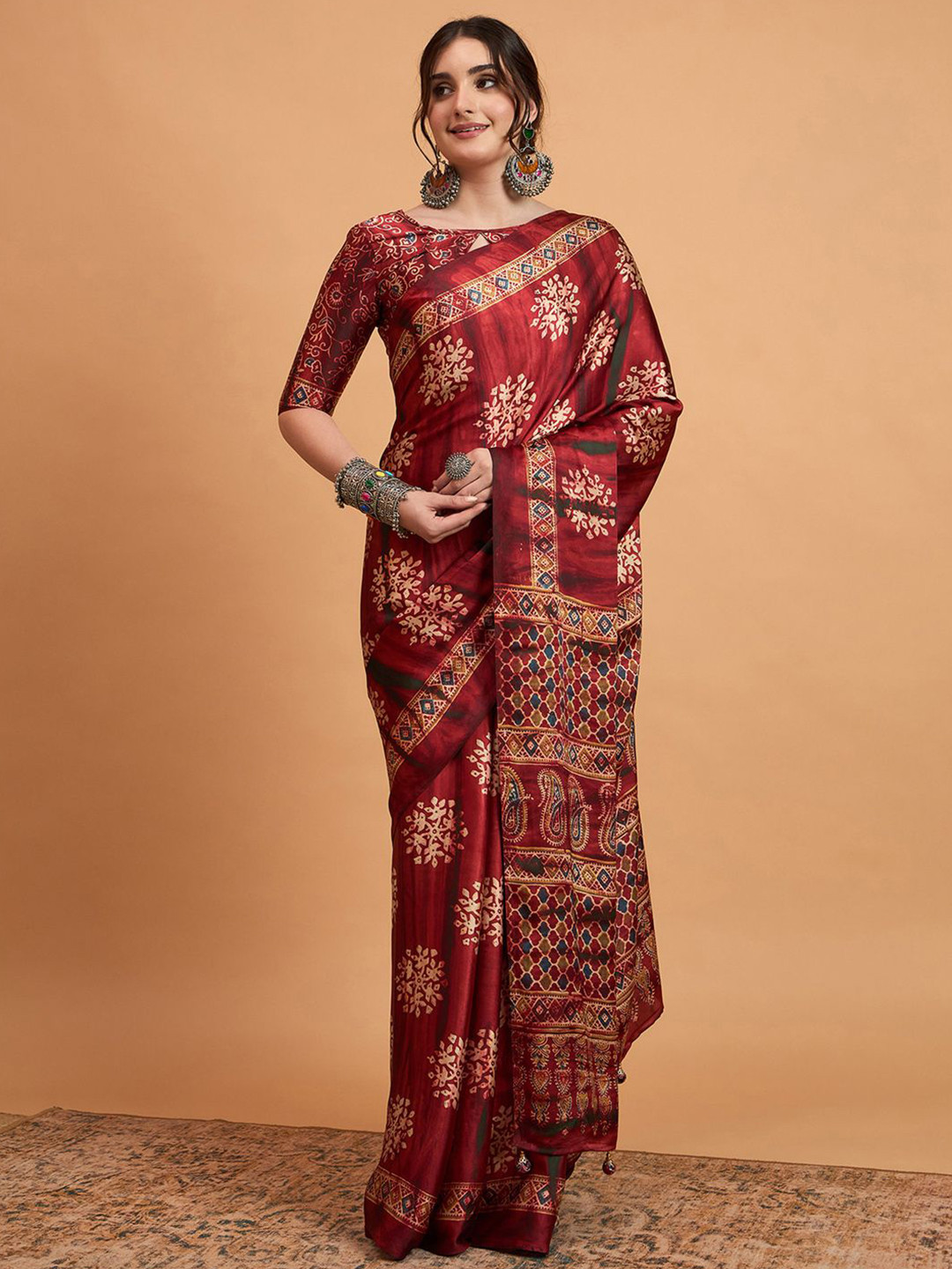 Mitera modal Ajrak Pure Crepe Block Print SareeWith Blouse Piece