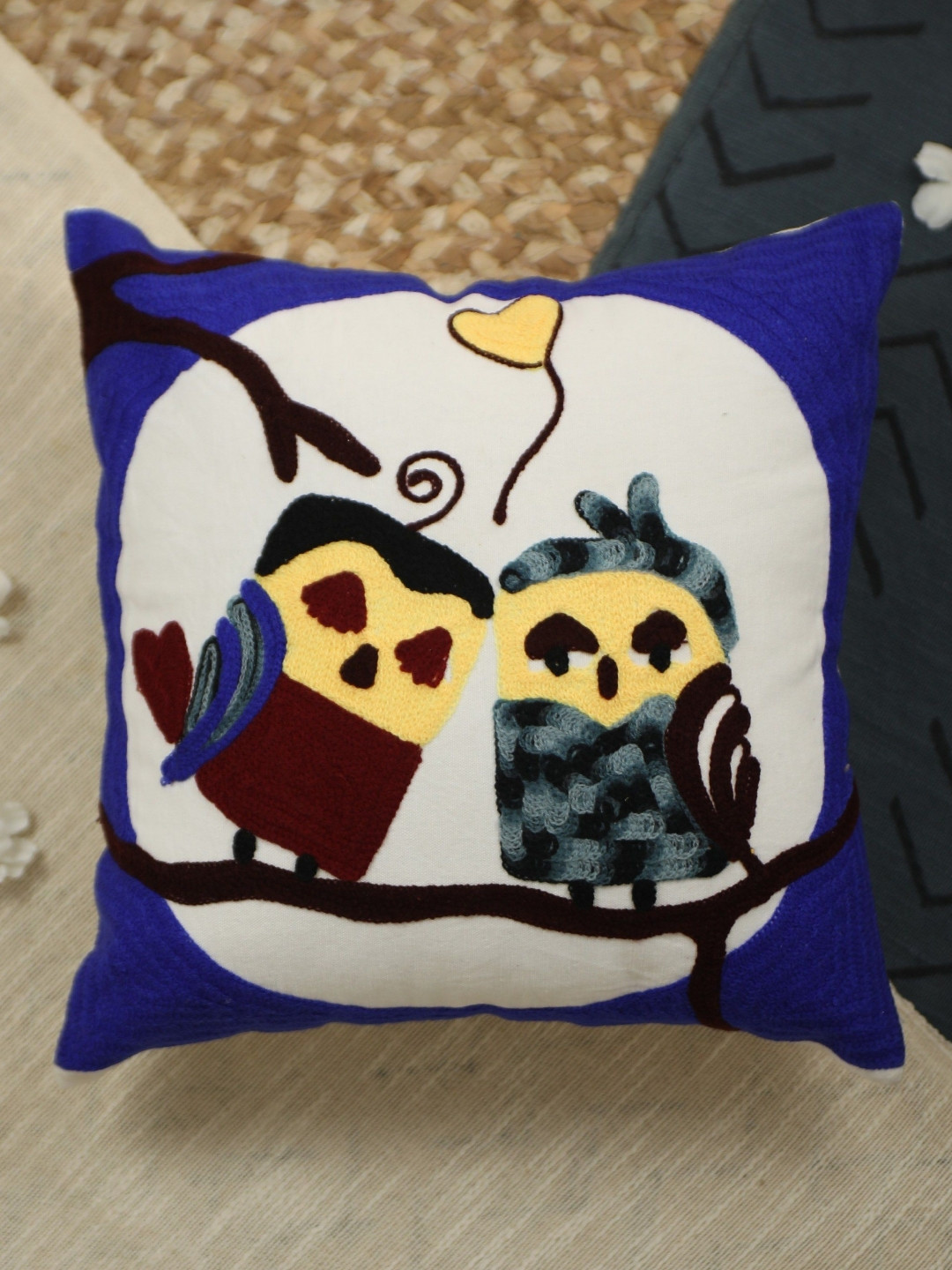 Trade Star Blue & White Embroidered Square Pure Cotton Pillow Cover