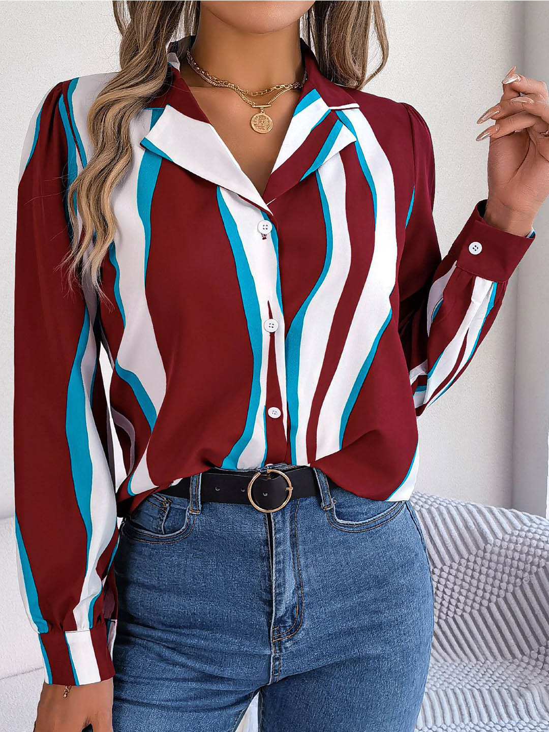 StyleCast Maroon Vertical Striped Cuban Collar Casual Shirt