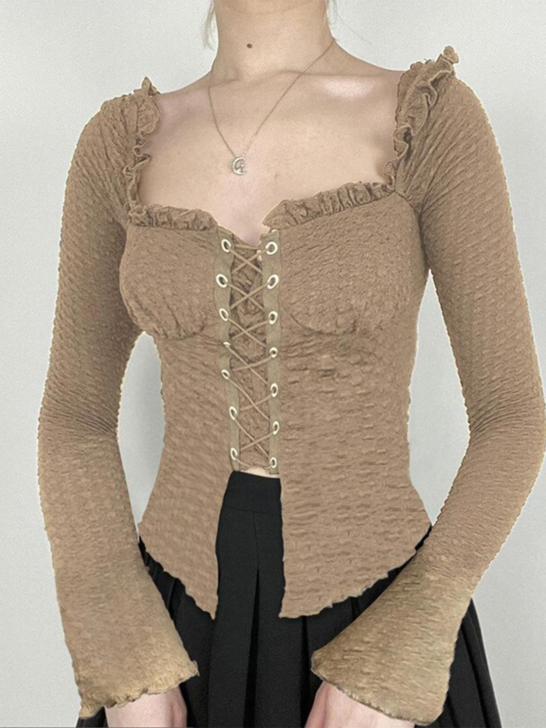 StyleCast Smocked Ruffle Detail Extended Sleeves Fitted Top