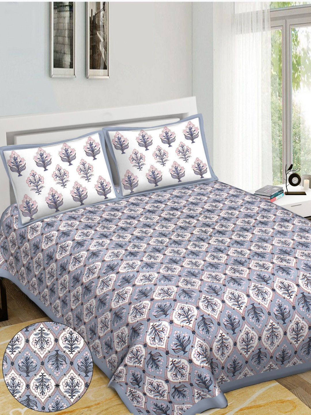 Rudra Bazaar Eclectic Garden Blue Floral Cotton 210 TC King Fine Bedsheet with 2 Pillow Covers-108 x 91 inches