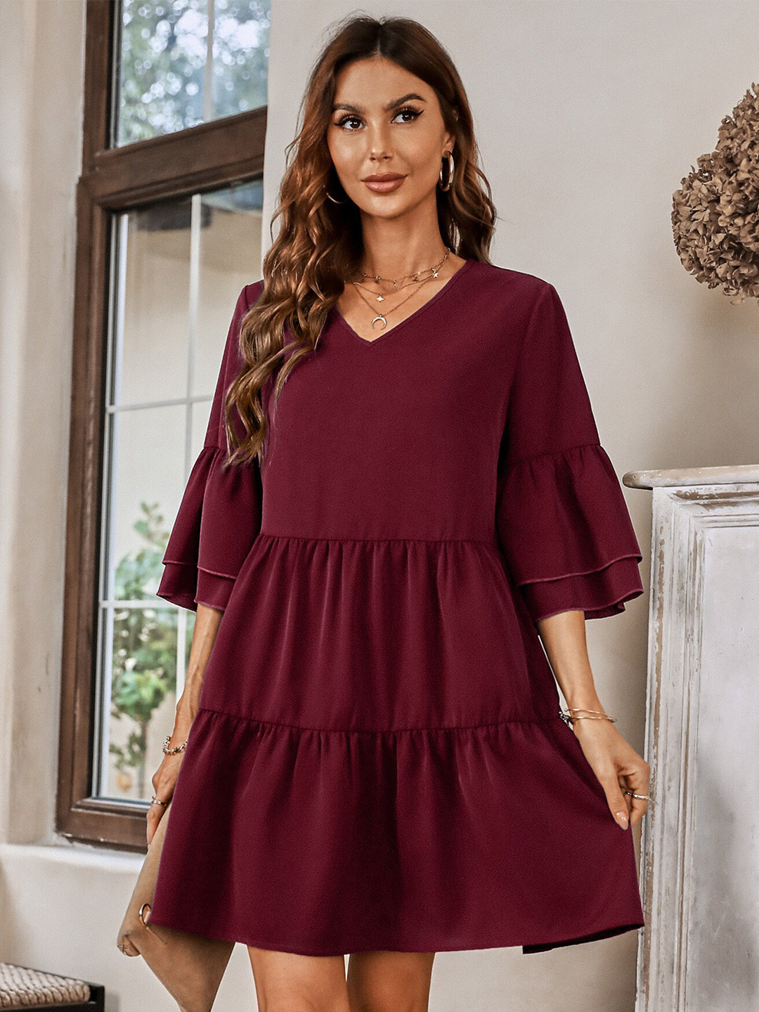 Magenta V-Neck Three-Quarter Sleeve A-Line Dress