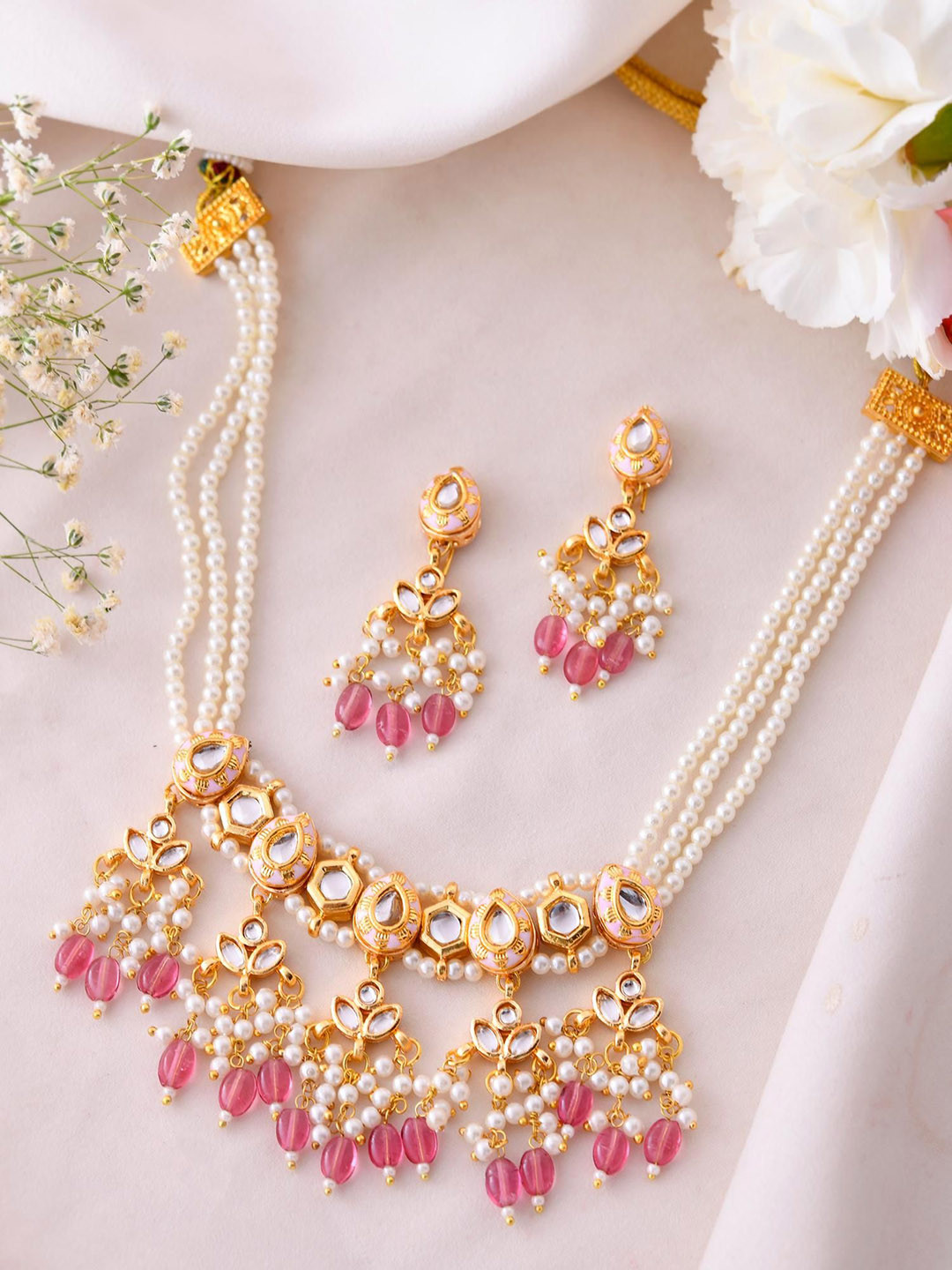 STYYO Gold-Plated Stones Studded & Beaded Jewellery Set
