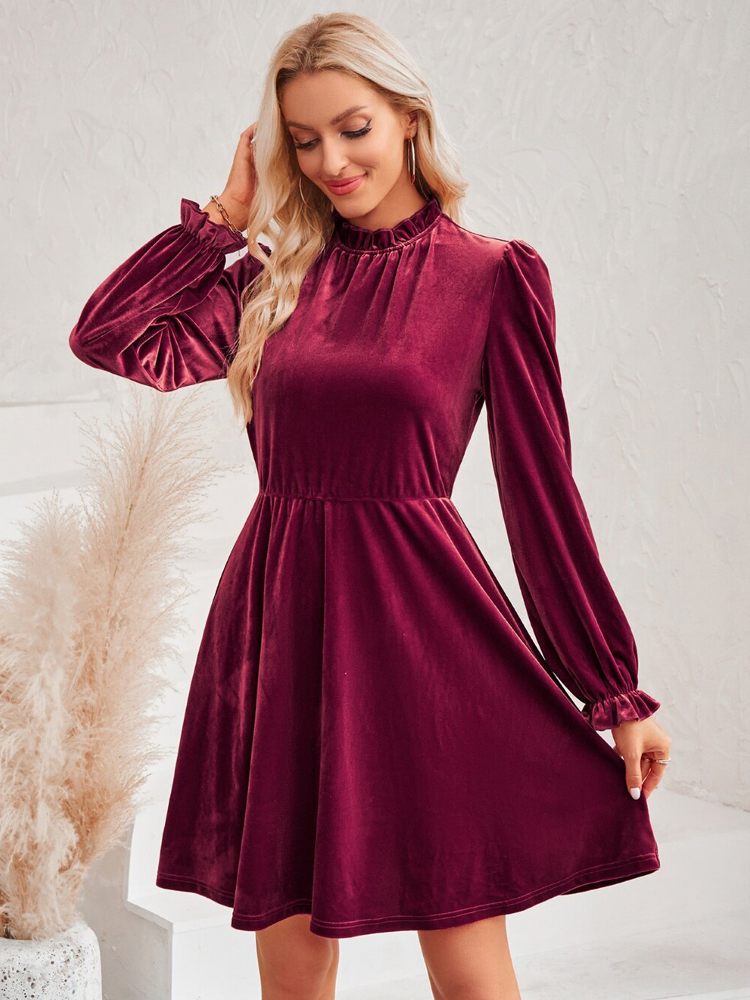 StyleCast Burgundy Puff Sleeve Fit & Flare Dress