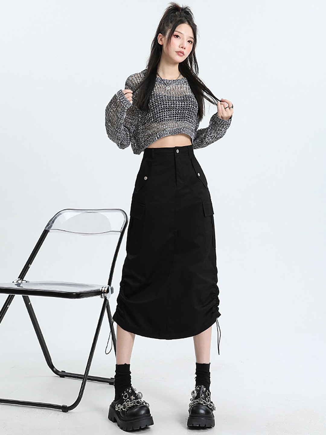 LULU & SKY Cord Stopper Midi Cargo Skirt