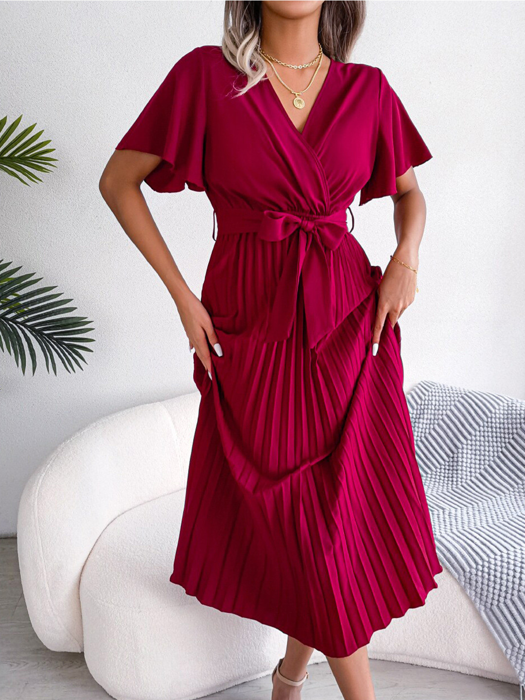 StyleCast Maroon Flared Sleeve Chiffon Maxi Dress