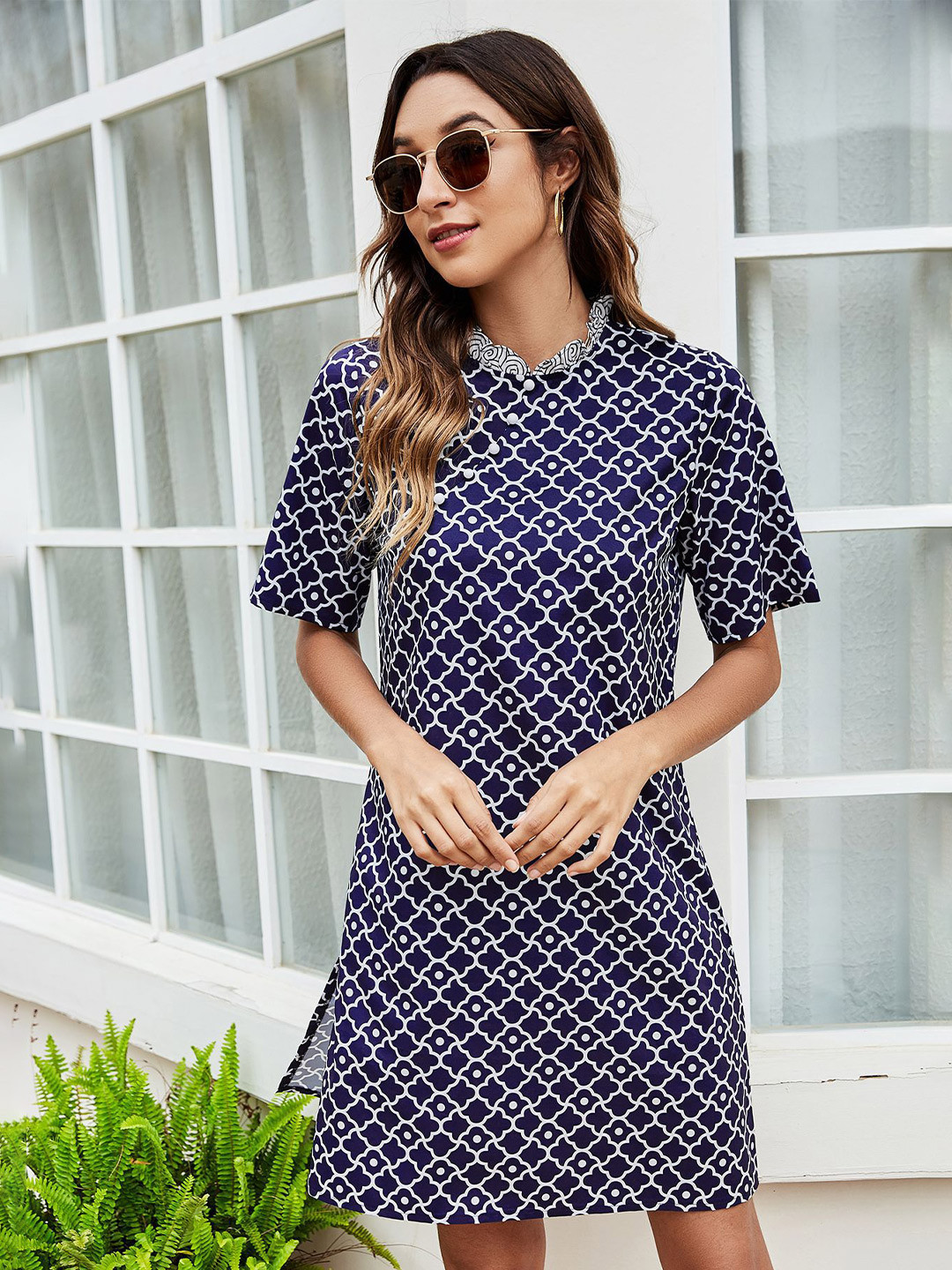 StyleCast Navy Blue Geometric Printed Navy Blue A-line Shirt Dress