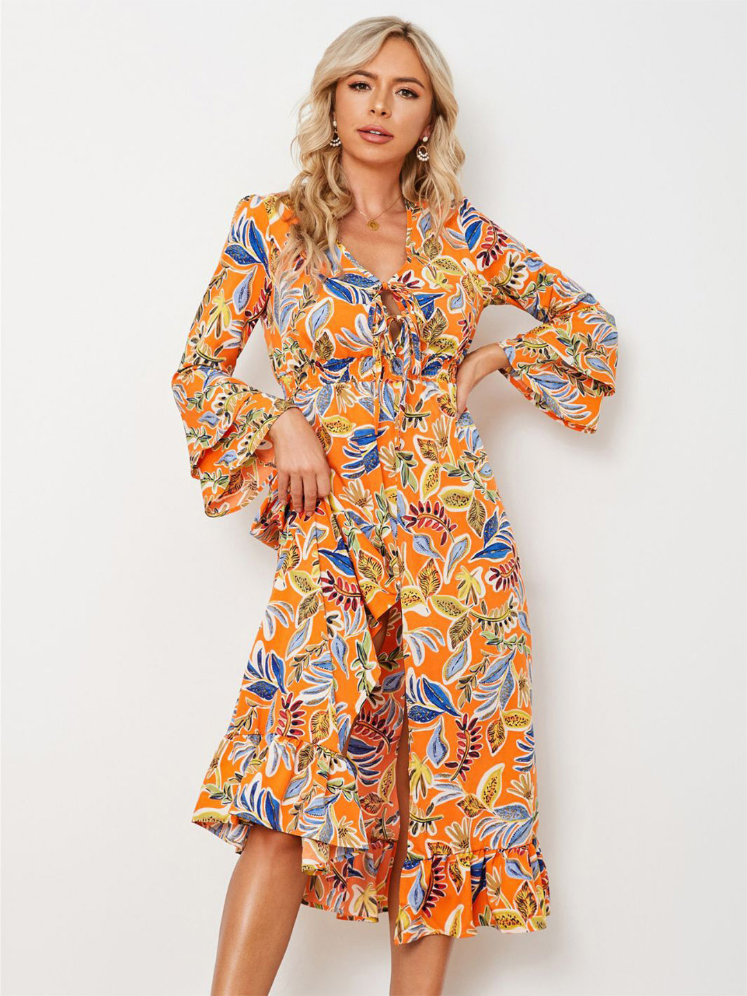 StyleCast Orange & Blue Floral Print Bell Sleeve Cotton Fit & Flare Midi Dress