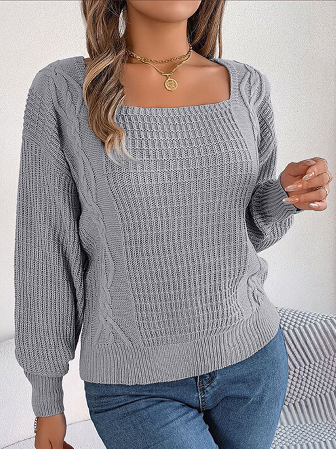 StyleCast Grey Cable Knit Square Neck Acrylic Pullover